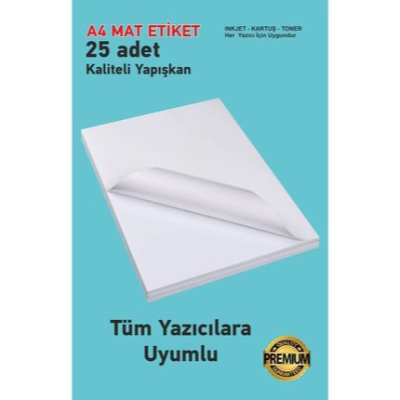 25 Adet Yapışkanlı Mat a4 Etiket Tüm Yazıcılara Uyumlu
